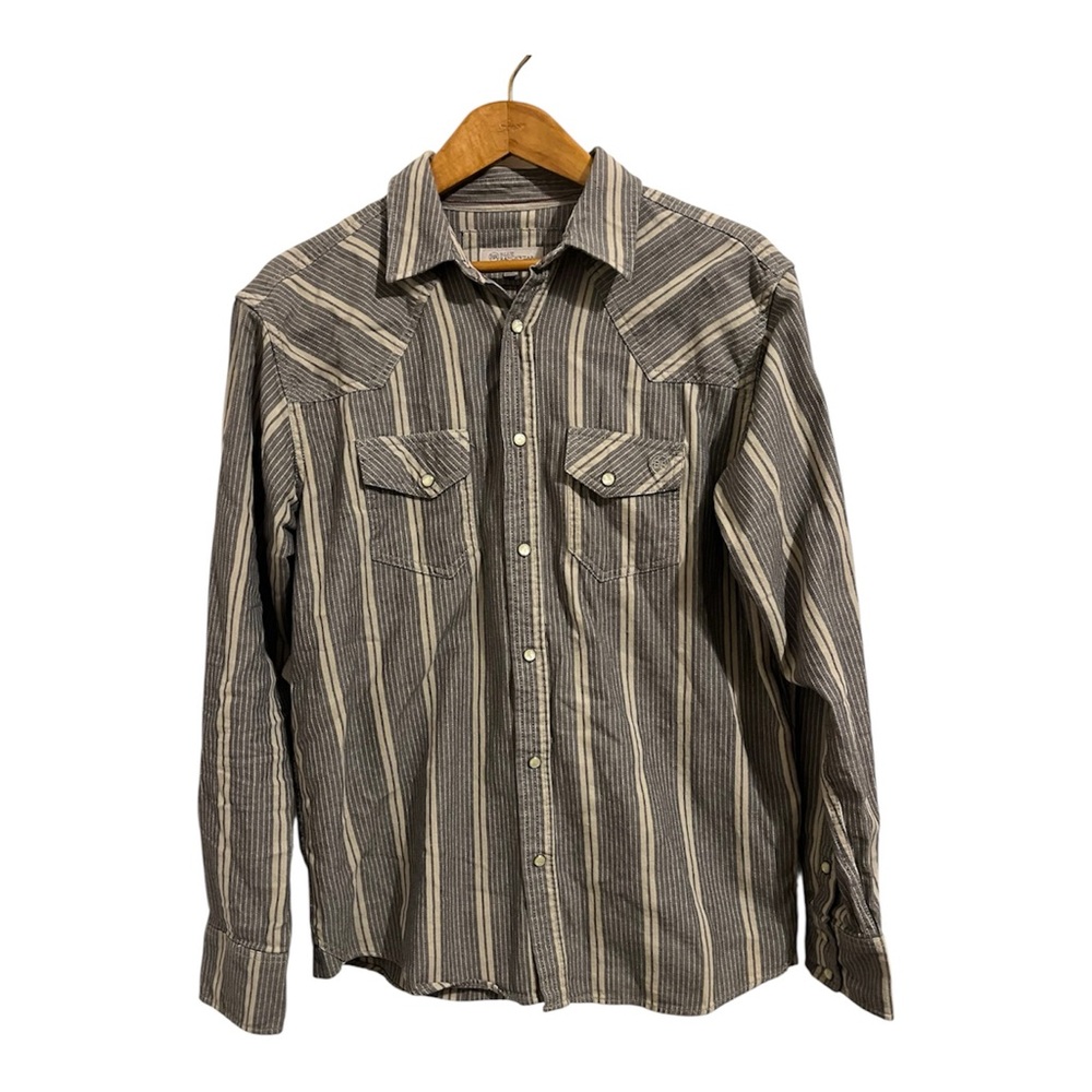 Blue Ranchwear Gray and Cream striped long sleeve snap western shirt size M